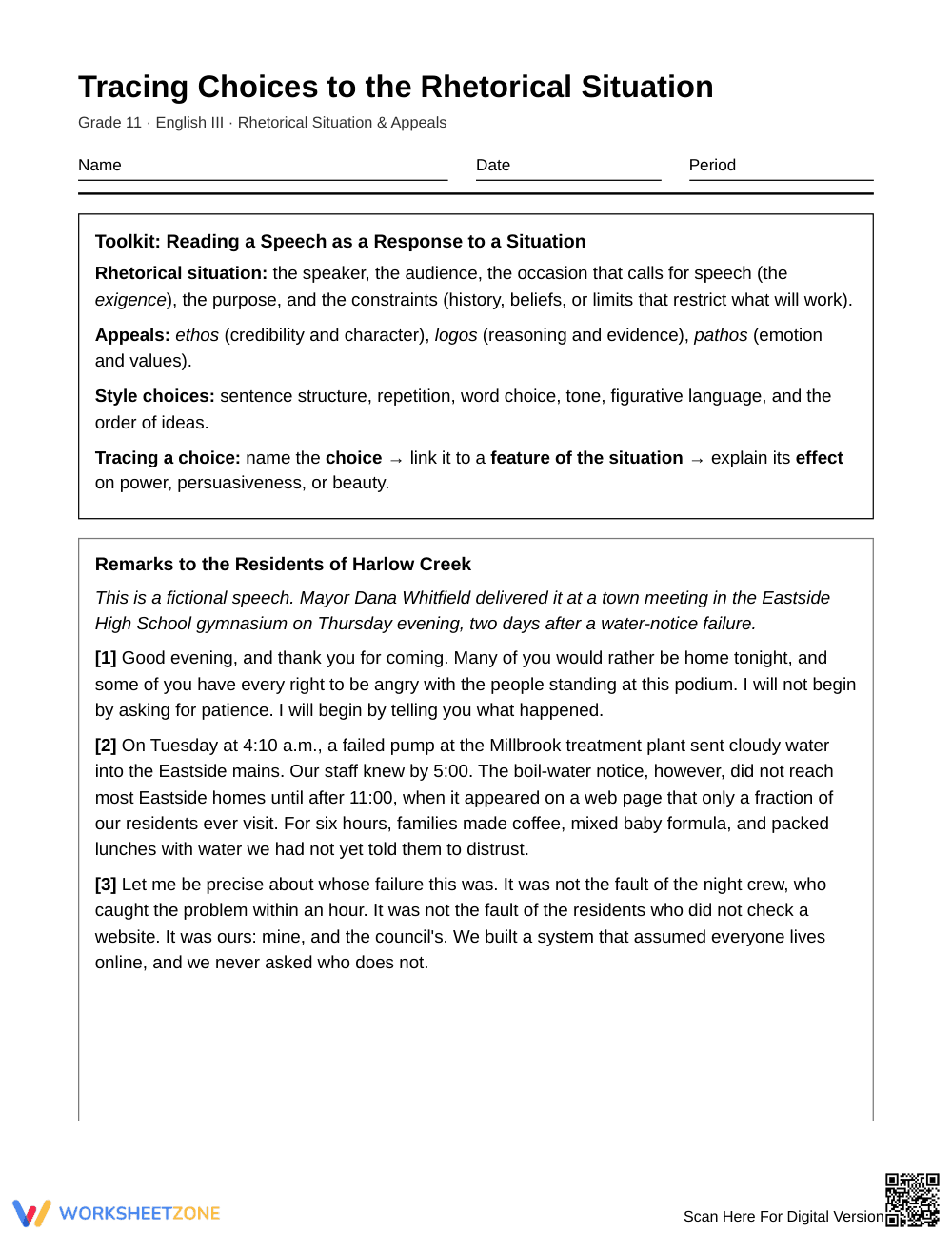 Aligned Rhetorical Choices Worksheet | Grade 11 English III - Page 1