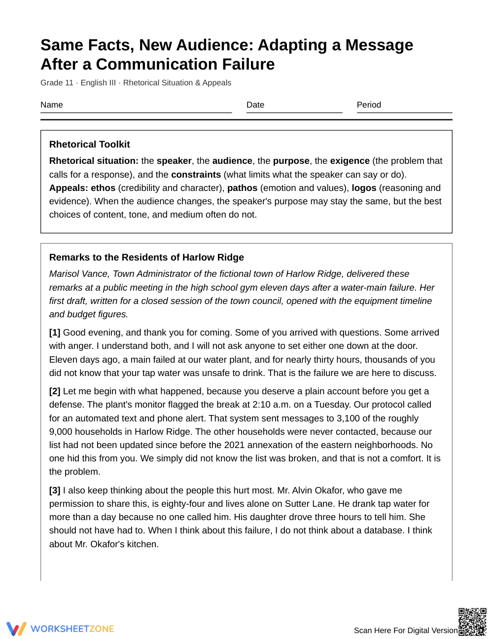 Ready Audience Adaptation Worksheet | Grade 11 English III - Page 1