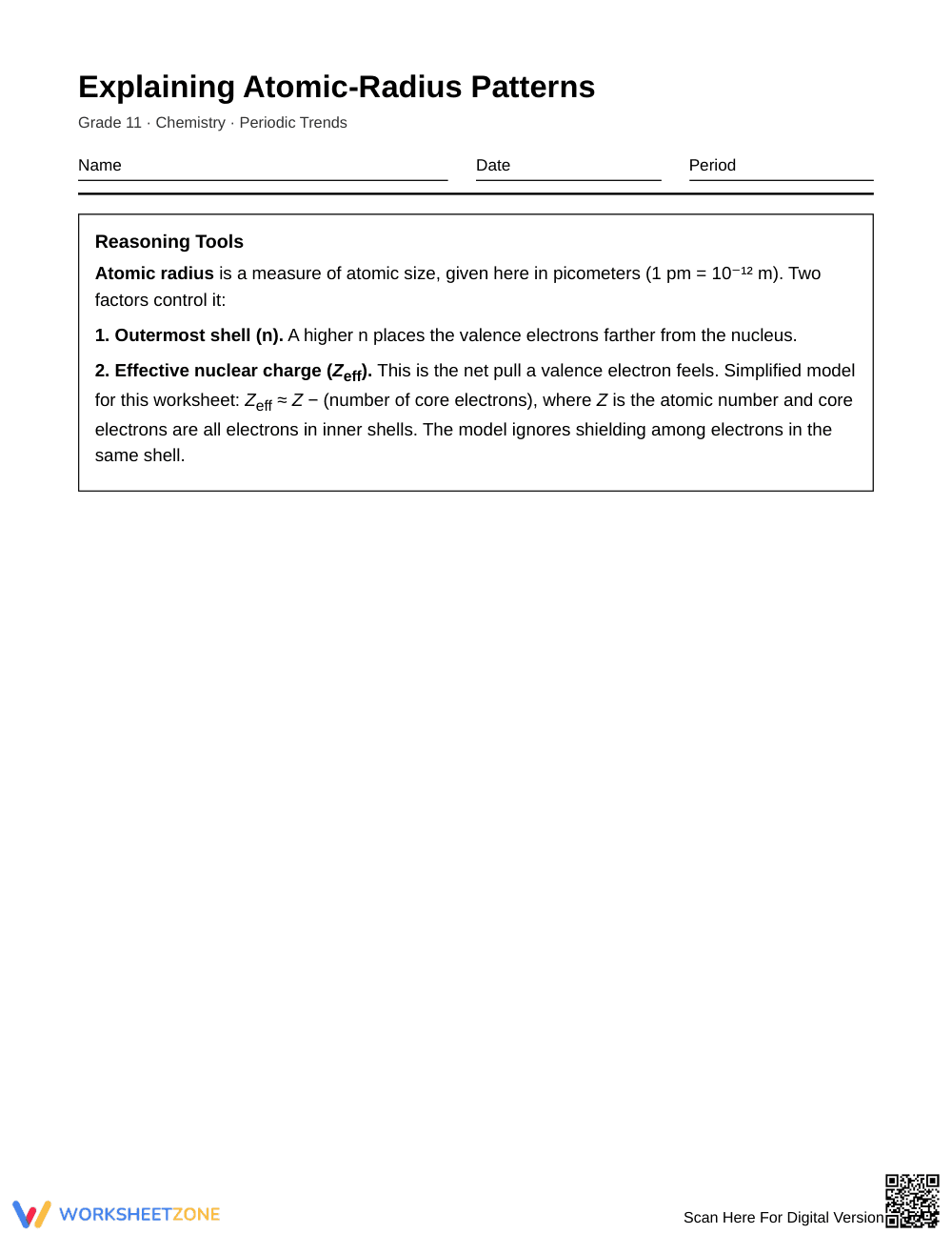 Printable Atomic Radius Worksheet | Grade 11 Chemistry - Page 1