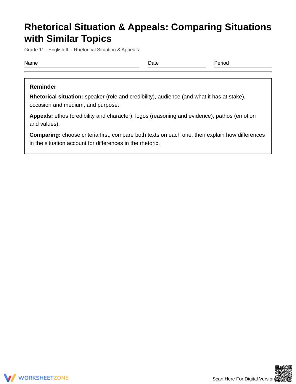 Ready Rhetoric Comparison Worksheet | Grade 11 English III - Page 1