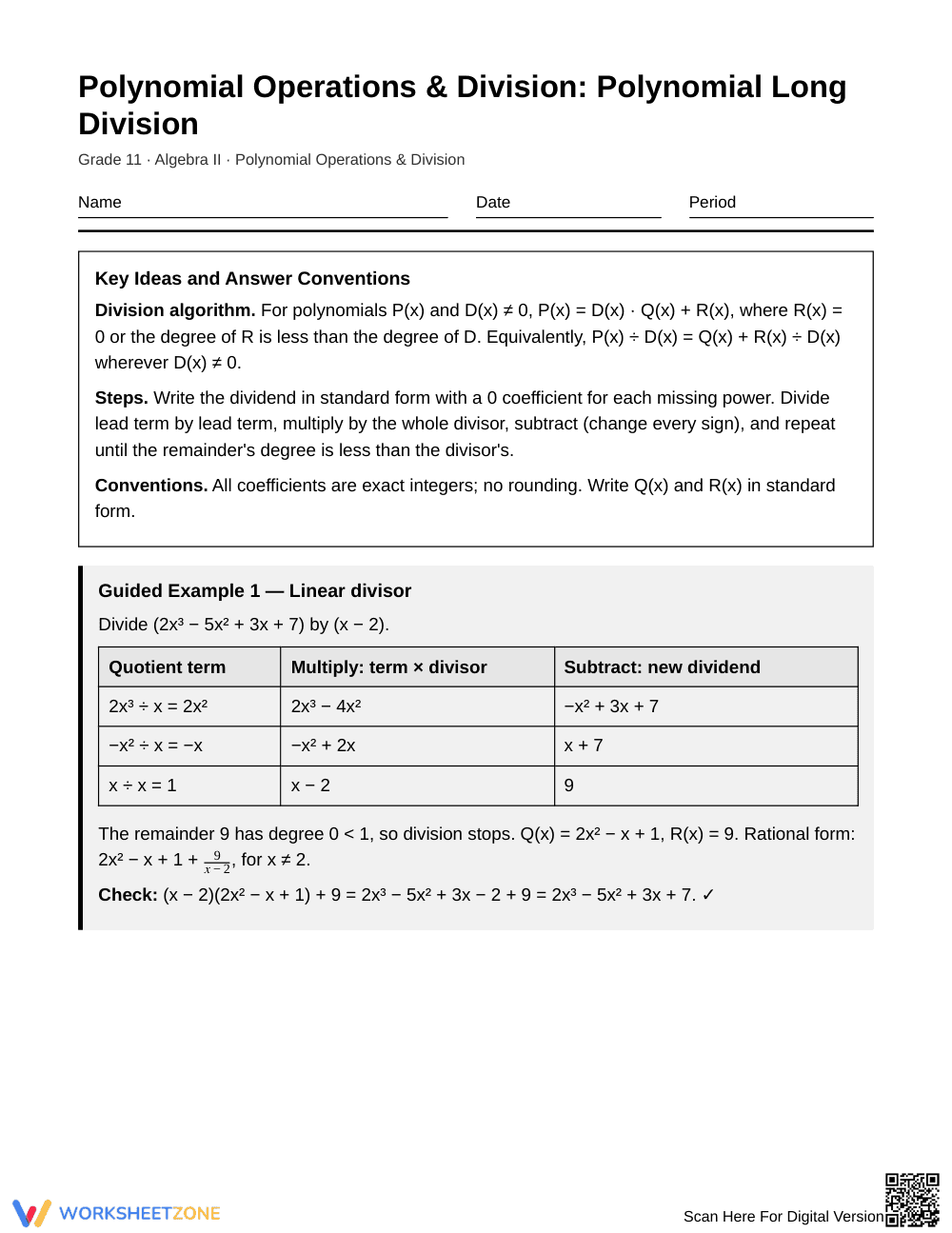 Free Polynomial Division Worksheet | Grade 11 Algebra II - Page 1