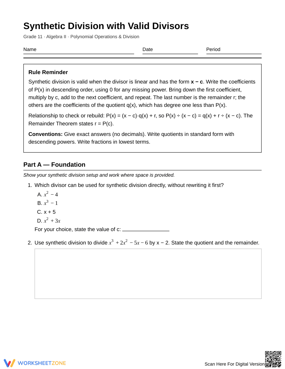 Printable Synthetic Division Worksheet | Grade 11 Algebra II - Page 1