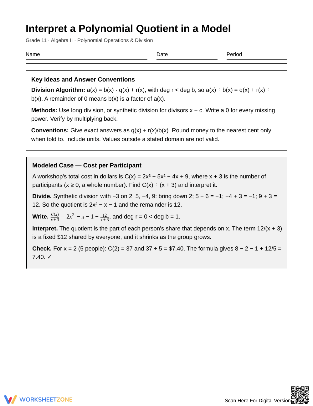 Aligned Polynomial Quotient Worksheet | Grade 11 Algebra II - Page 1