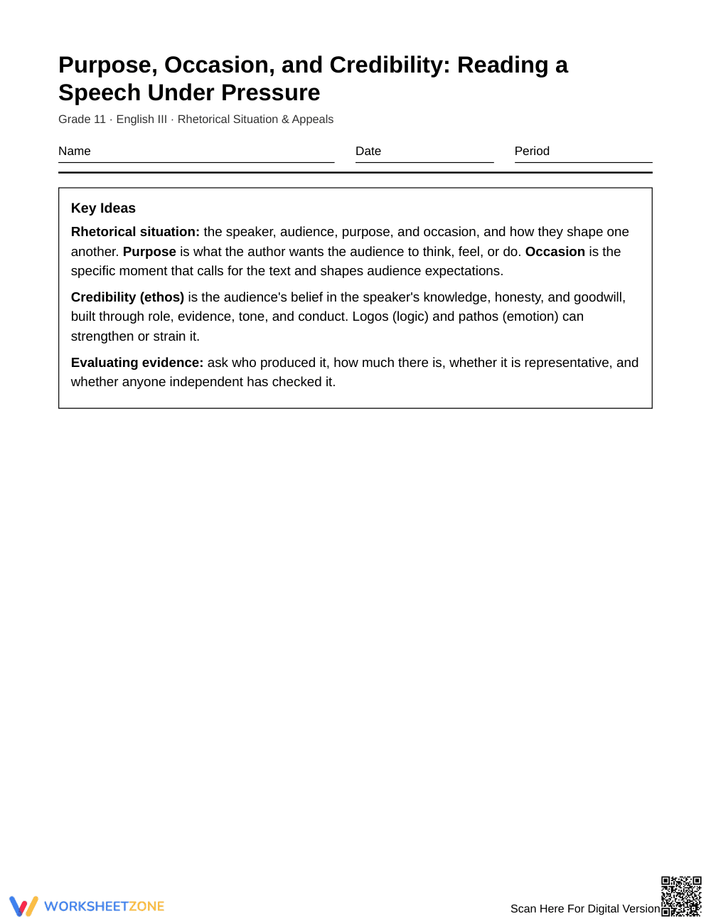 Ready Purpose & Credibility Worksheet | Grade 11 English III - Page 1