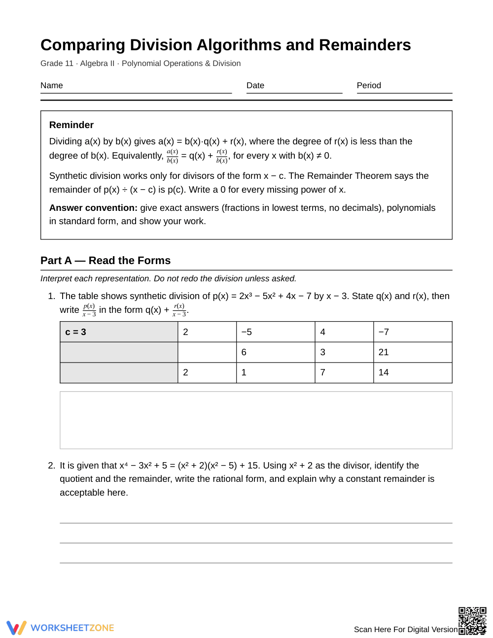 Aligned Division Algorithms Worksheet | Grade 11 Algebra II - Page 1