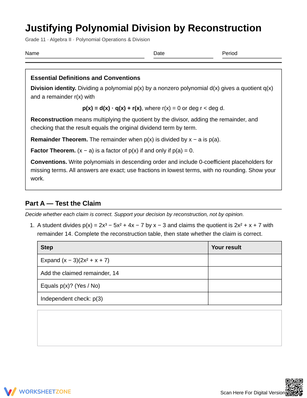 Essential Reconstruction Worksheet | Grade 11 Algebra II - Page 1