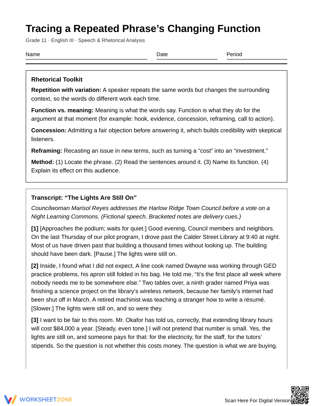 Printable Repeated Phrase Worksheet | Grade 11 English III - Page 1