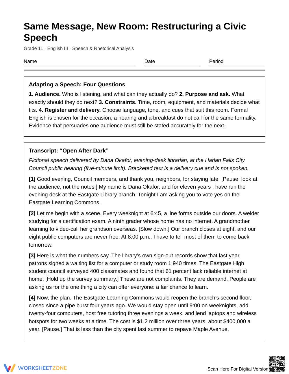Ready Speech Restructuring Worksheet | Grade 11 English III - Page 1