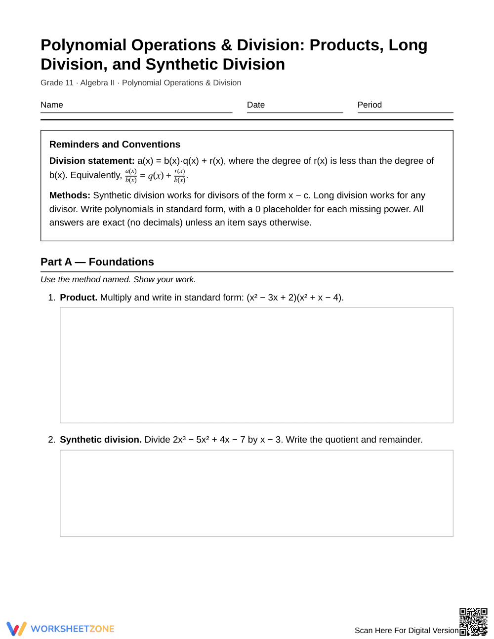 Complete Polynomial Division Worksheet | Grade 11 Algebra II - Page 1