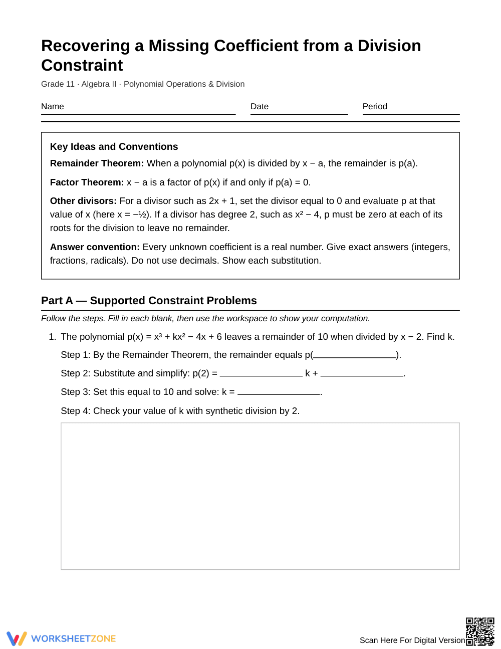 Ready Missing Coefficient Worksheet | Grade 11 Algebra II - Page 1