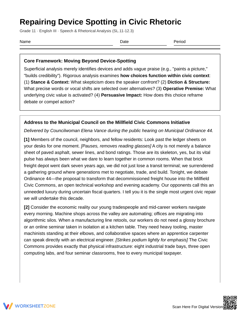 Ready Rhetorical Analysis Worksheet | Grade 11 English III - Page 1