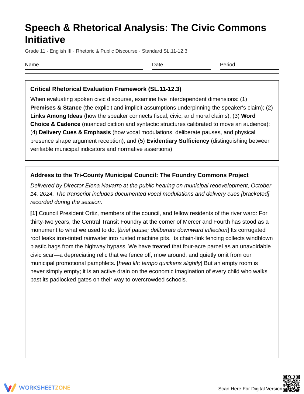 Complete Speech Analysis Worksheet | Grade 11 English III - Page 1