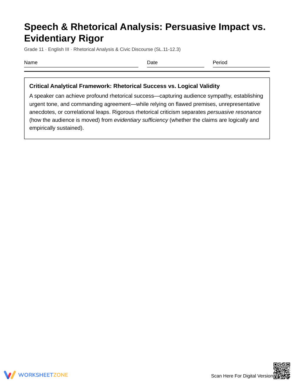 Ready Rhetoric & Evidence Worksheet | Grade 11 English III - Page 1