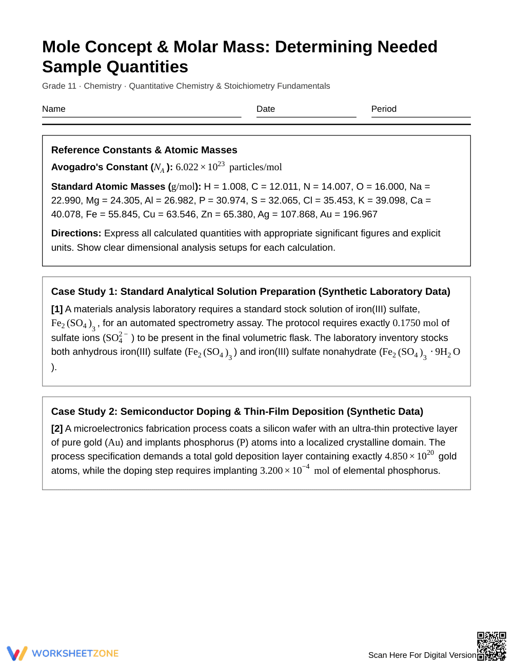 Essential Sample Quantity Worksheet | Grade 11 Chemistry - Page 1