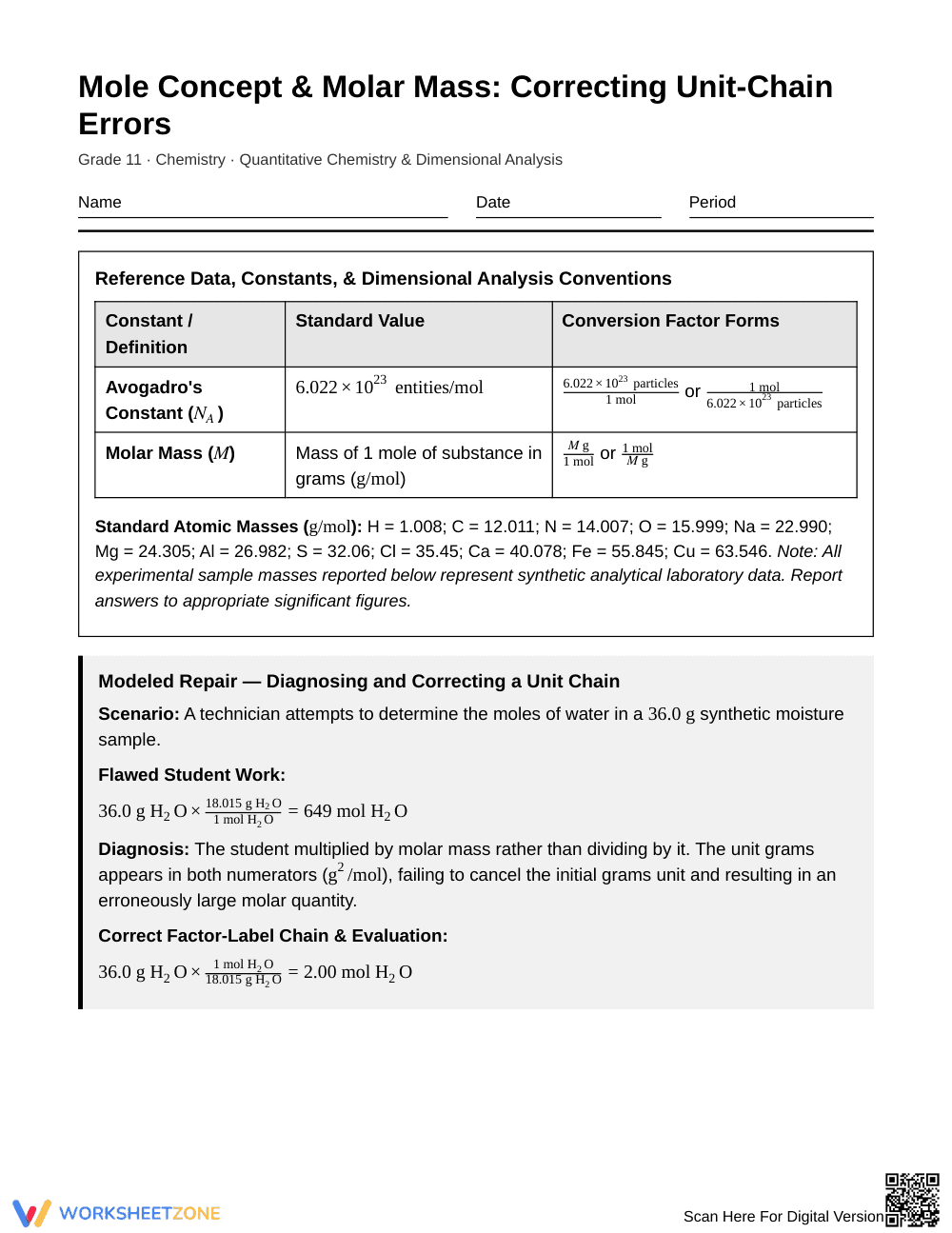 Complete Unit-Chain Errors Worksheet | Grade 11 Chemistry - Page 1