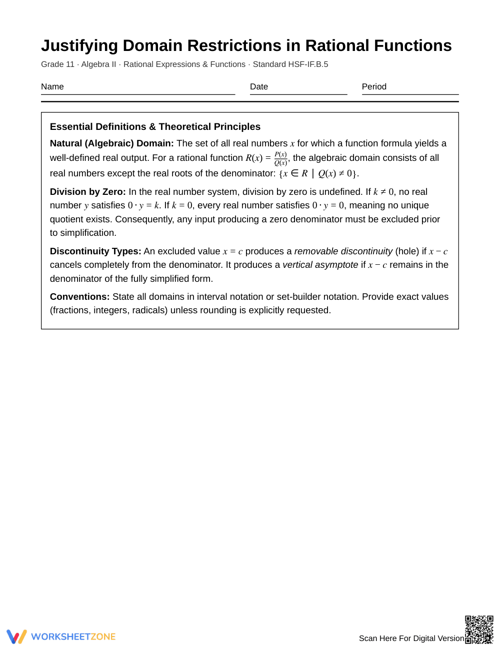 Proven Domain Restrictions Worksheet | Grade 11 Algebra II - Page 1