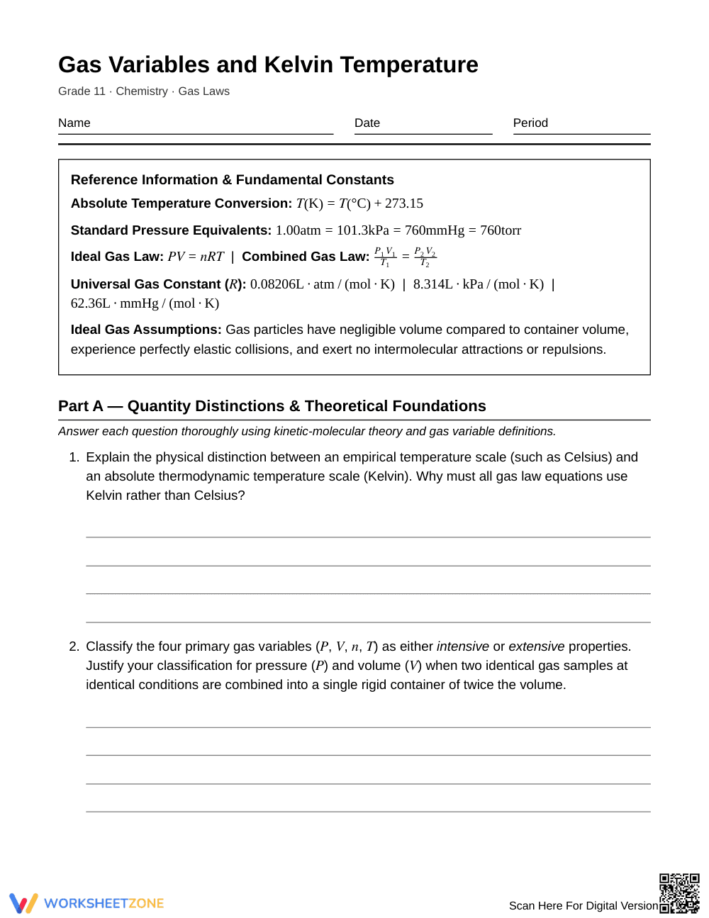 Essential Gas Variables Worksheet | Grade 11 Chemistry - Page 1