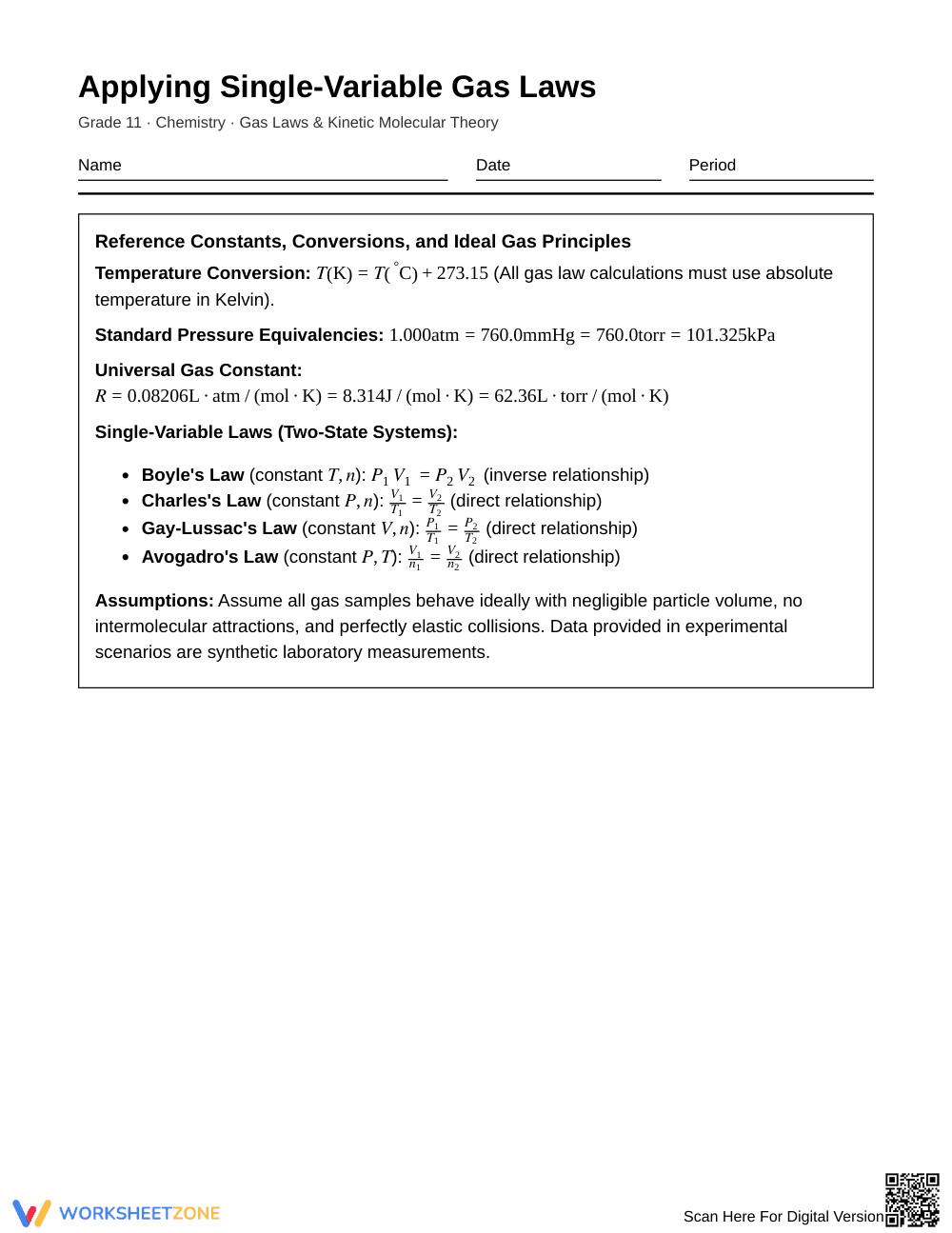 Essential Gas Laws Worksheet | Grade 11 Chemistry - Page 1