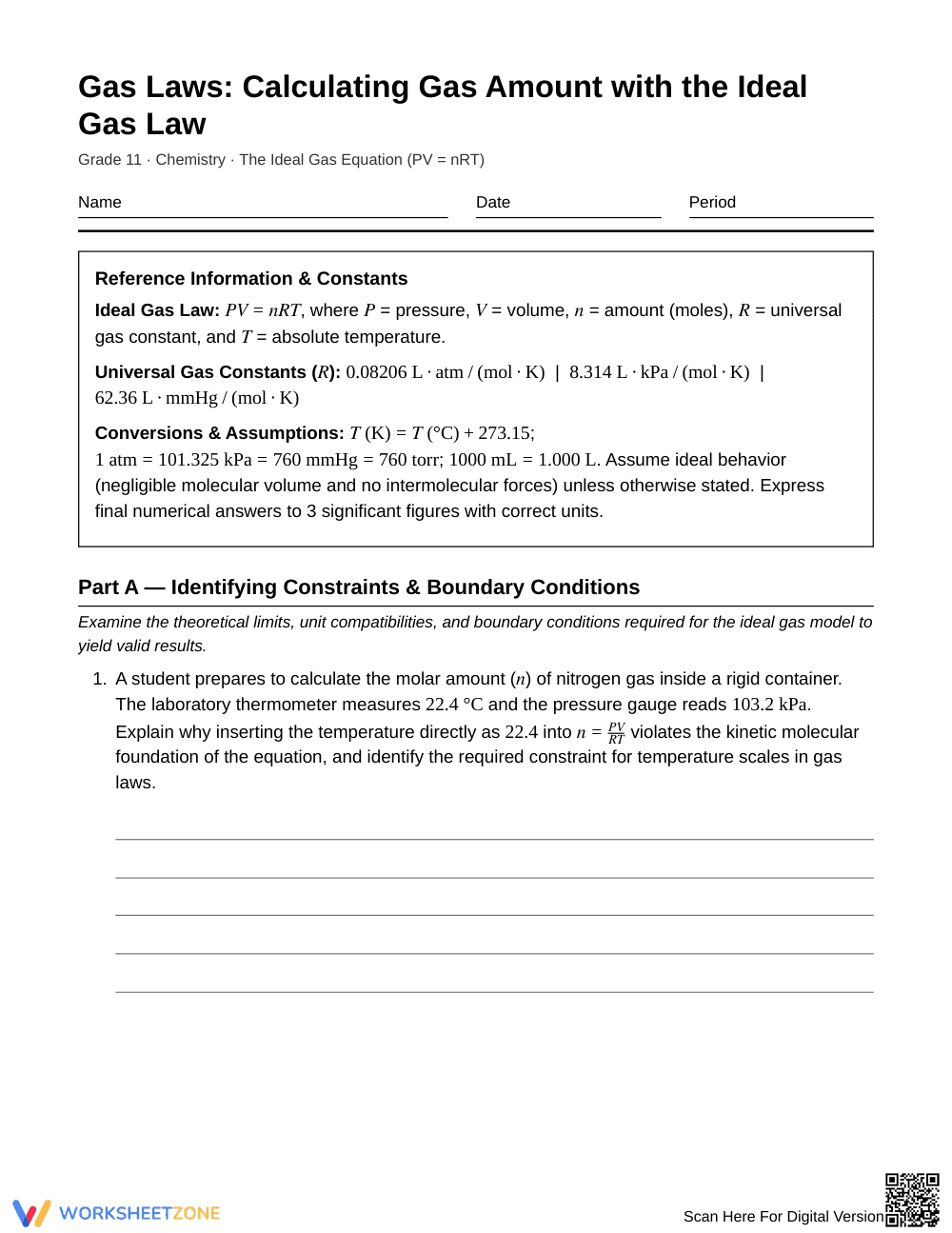 Essential Ideal Gas Law Worksheet | Grade 11 Chemistry - Page 1
