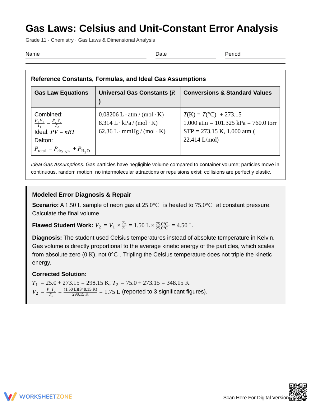 Essential Gas Law Unit Errors Worksheet | Grade 11 Chemistry - Page 1