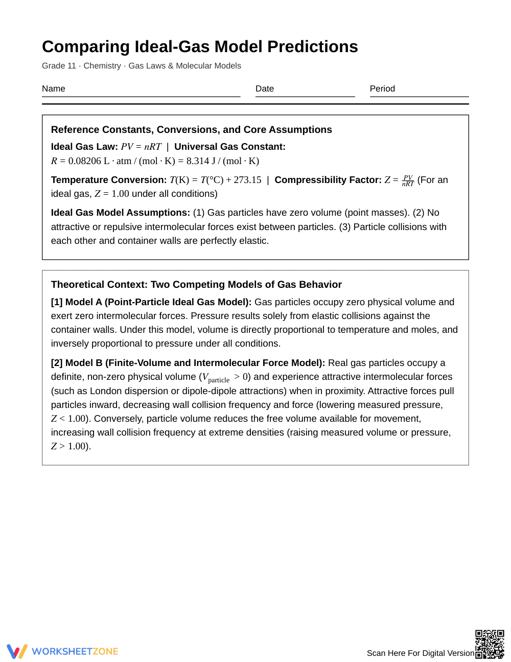 Essential Ideal Gas Model Worksheet | Grade 11 Chemistry - Page 1