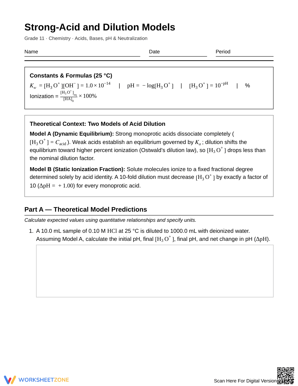 Proven Acid Dilution Models Worksheet | Grade 11 Chemistry - Page 1