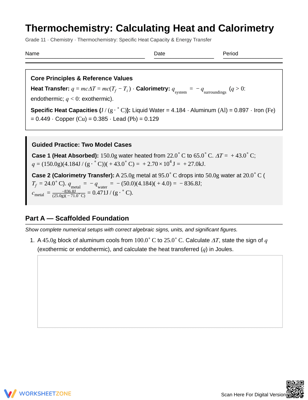 Complete Heat Calculations Worksheet | Grade 11 Chemistry - Page 1