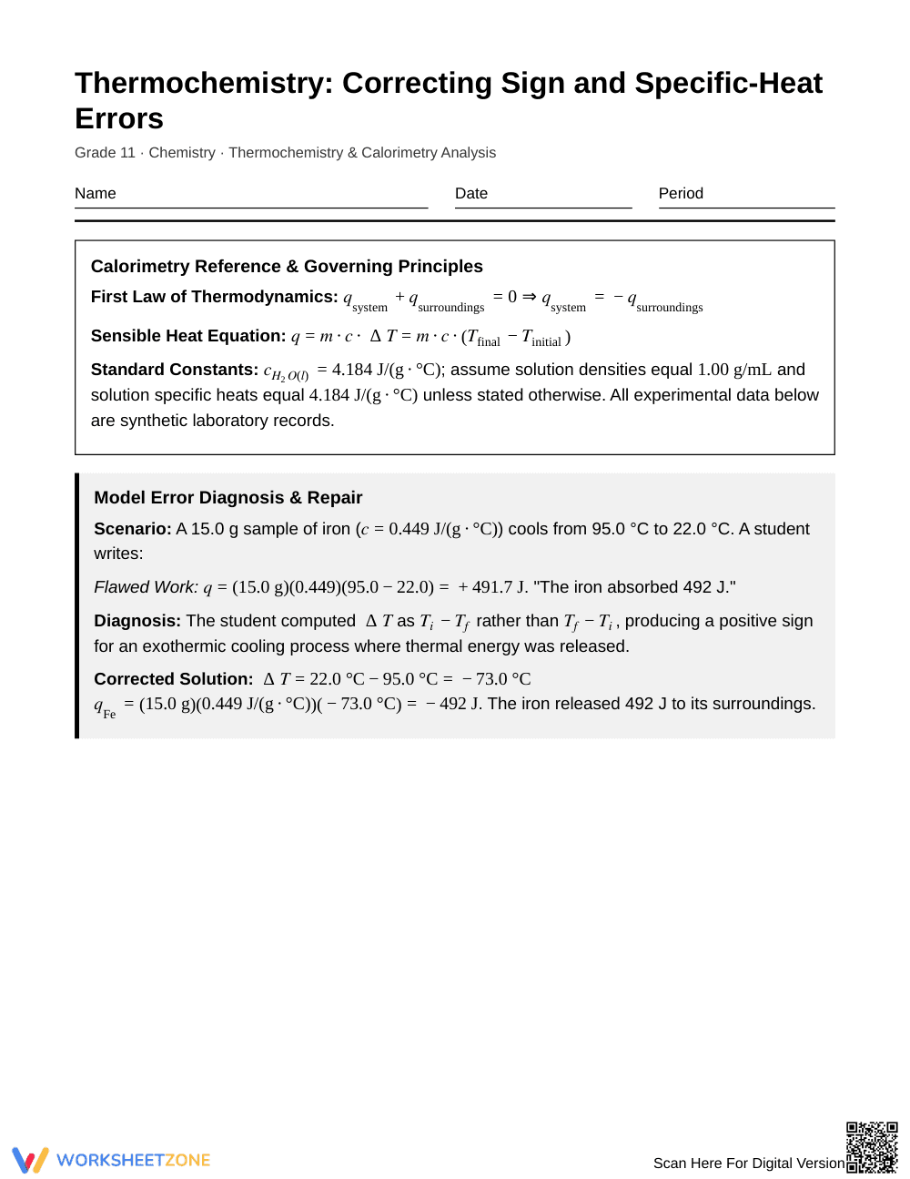 Complete Calorimetry Errors Worksheet | Grade 11 Chemistry - Page 1