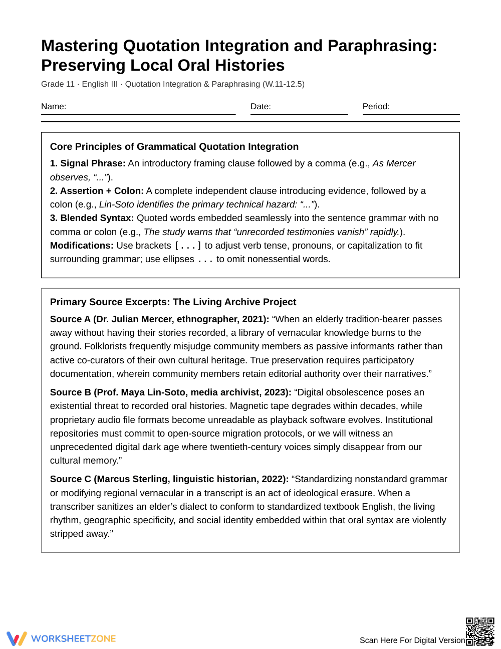 Complete Quote Integration Worksheet | Grade 11 English III - Page 1