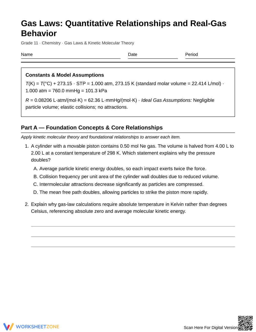Essential Gas Laws Worksheet | Grade 11 Chemistry - Page 1