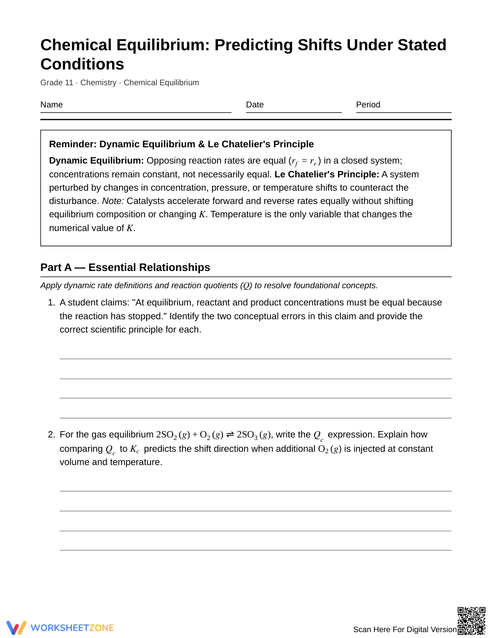 Essential Equilibrium Shifts Worksheet | Grade 11 Chemistry - Page 1