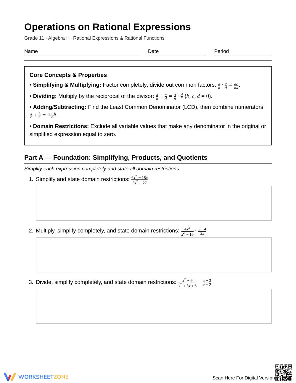 Ready Rational Expressions Worksheet | Grade 11 Algebra II - Page 1