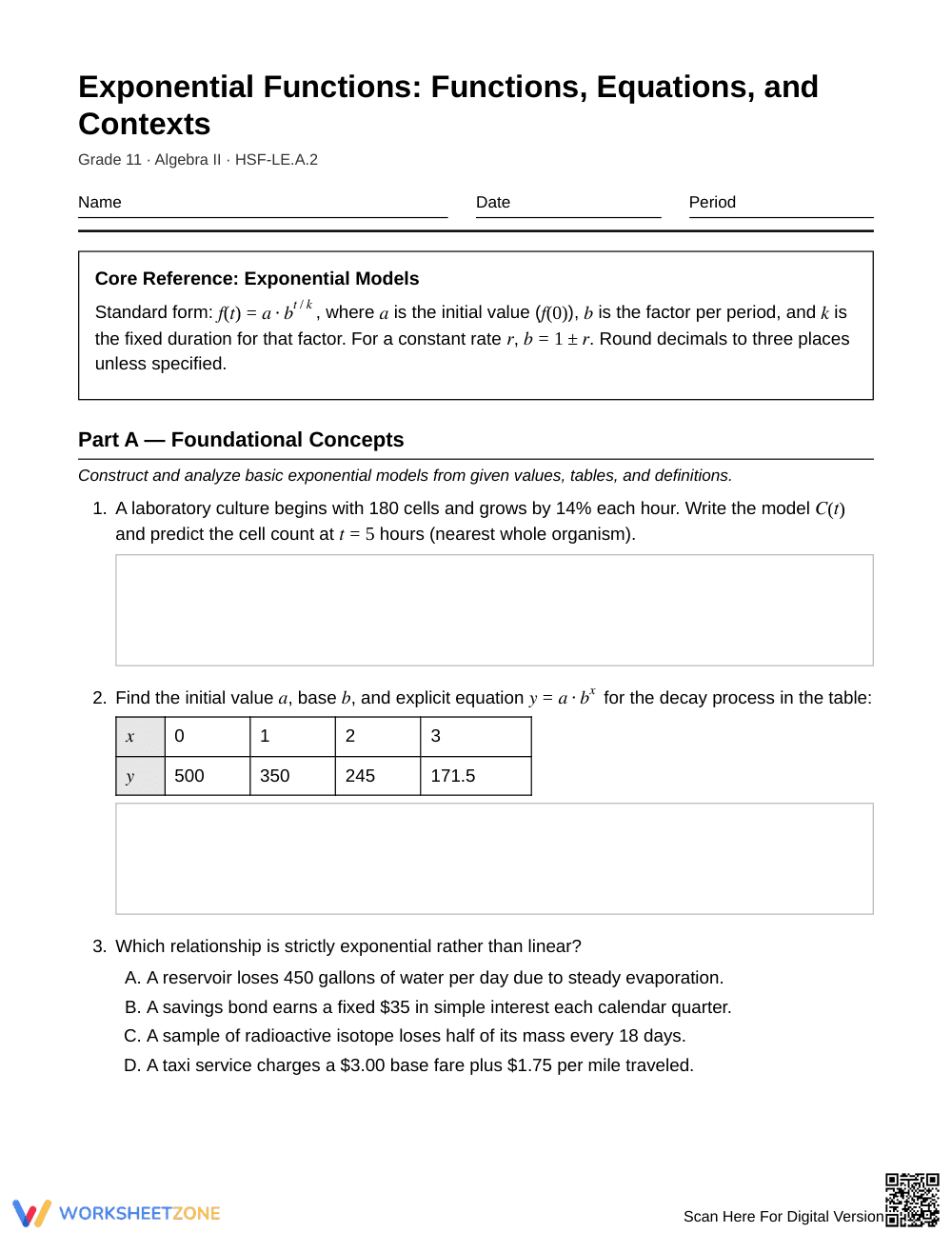 Complete Exponential Models Worksheet | Grade 11 Algebra II - Page 1