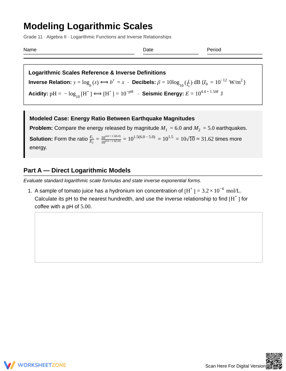 Aligned Logarithmic Scales Worksheet | Grade 11 Algebra II - Page 1