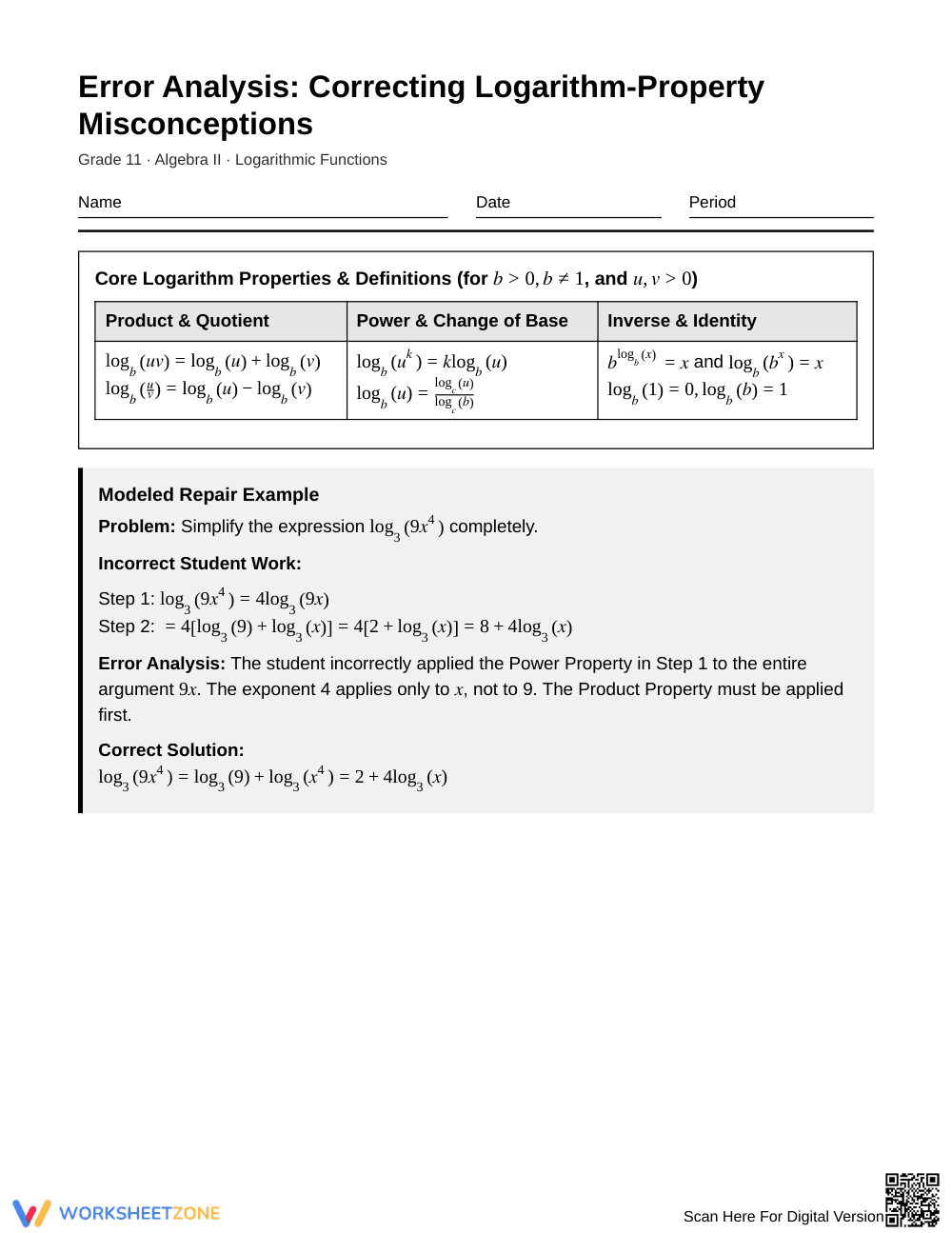 Complete Logarithm Errors Worksheet | Grade 11 Algebra II - Page 1