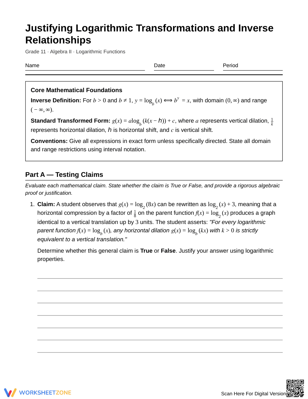 Proven Log Transformations Worksheet | Grade 11 Algebra II - Page 1