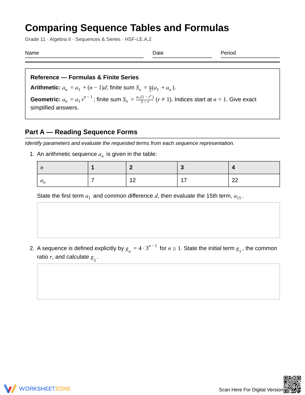 Complete Sequence Tables Worksheet | Grade 11 Algebra II - Page 1