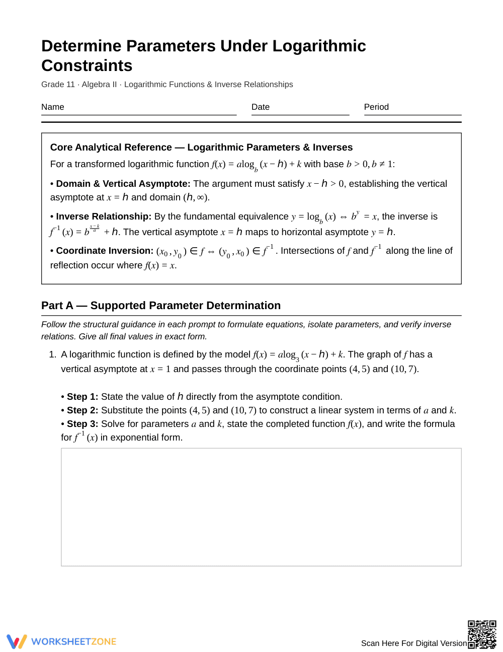 Complete Log Parameters Worksheet | Grade 11 Algebra II - Page 1