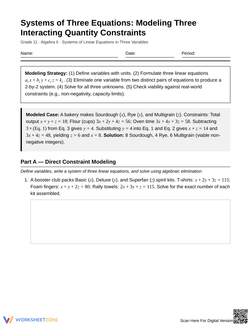 Essential 3-Variable Modeling Worksheet | Algebra II - Page 1