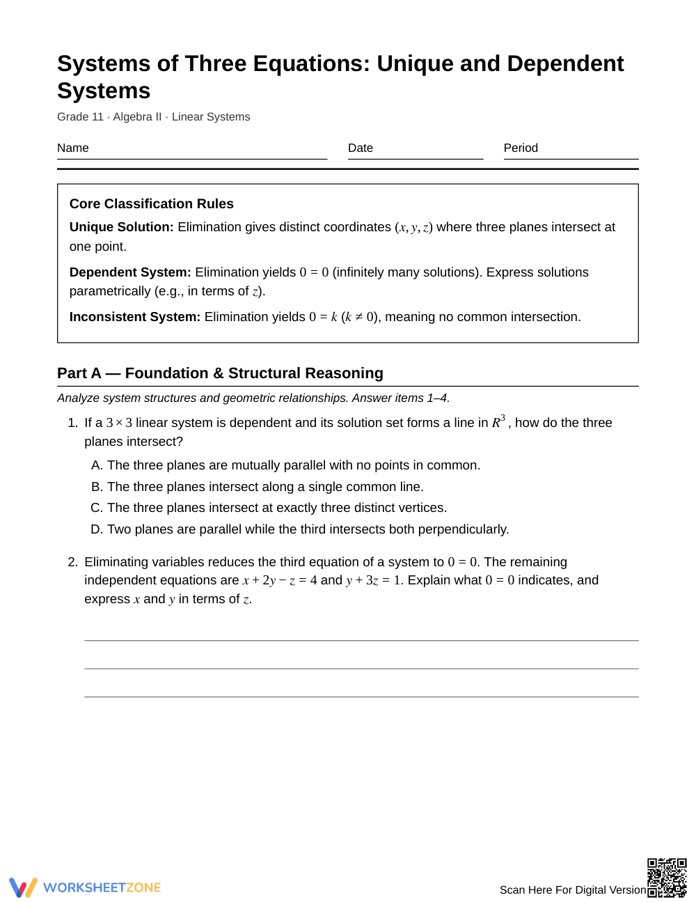 Ready 3x3 Dependent Systems Worksheet | Grade 11 Algebra II - Page 1