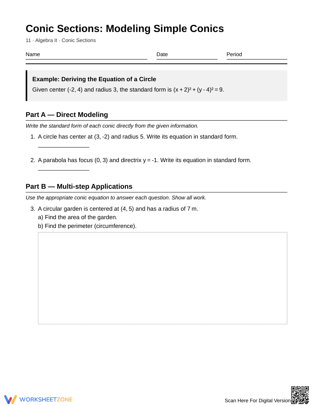 Essential Modeling Conics Worksheet | Grade 11 Algebra II - Page 1