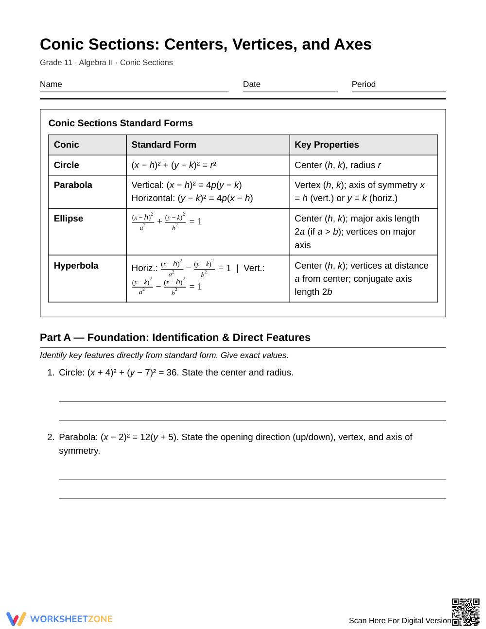 Printable Conic Features Worksheet | Grade 11 Algebra II - Page 1