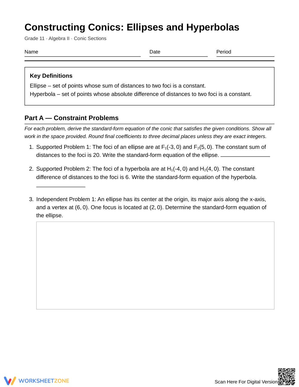 Complete Conic Construction Worksheet | Grade 11 Algebra II - Page 1
