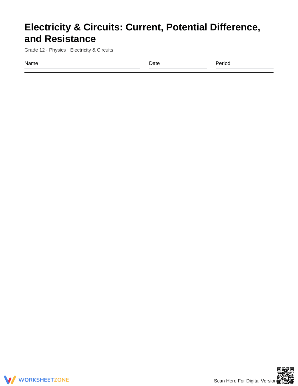 Essential Current & Resistance Worksheet | Grade 12 Physics - Page 1