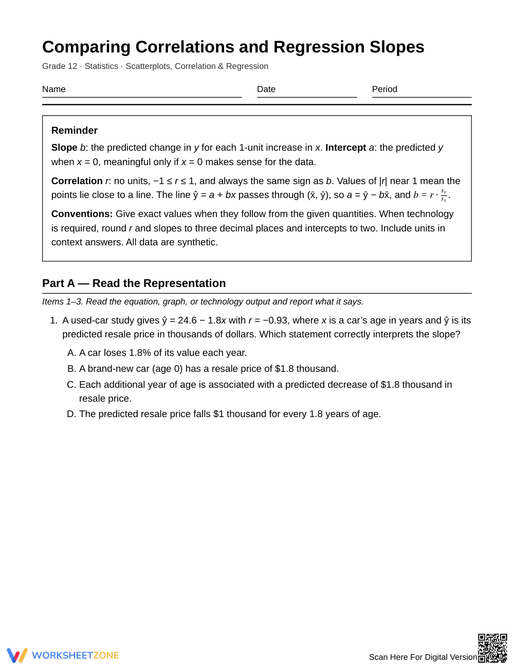 Complete Correlation & Slope Worksheet | Grade 12 Statistics - Page 1