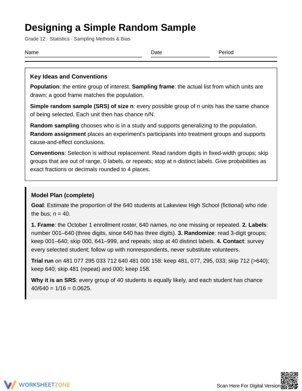 Printable SRS Design Worksheet | Grade 12 Statistics - Page 1