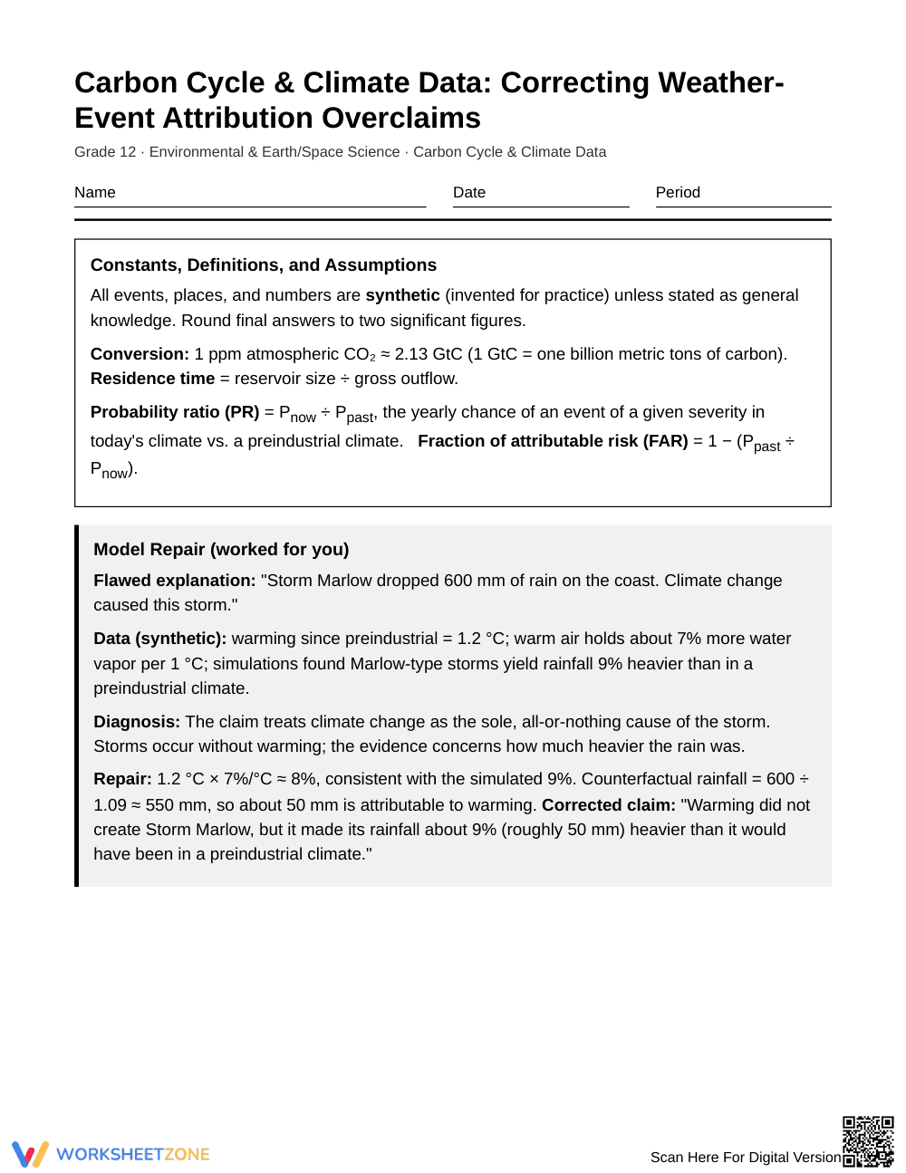 Ready Climate Attribution Worksheet | Grade 12 Science - Page 1