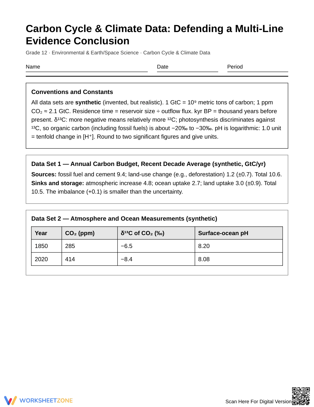Printable Climate Evidence Worksheet | Grade 12 Science - Page 1