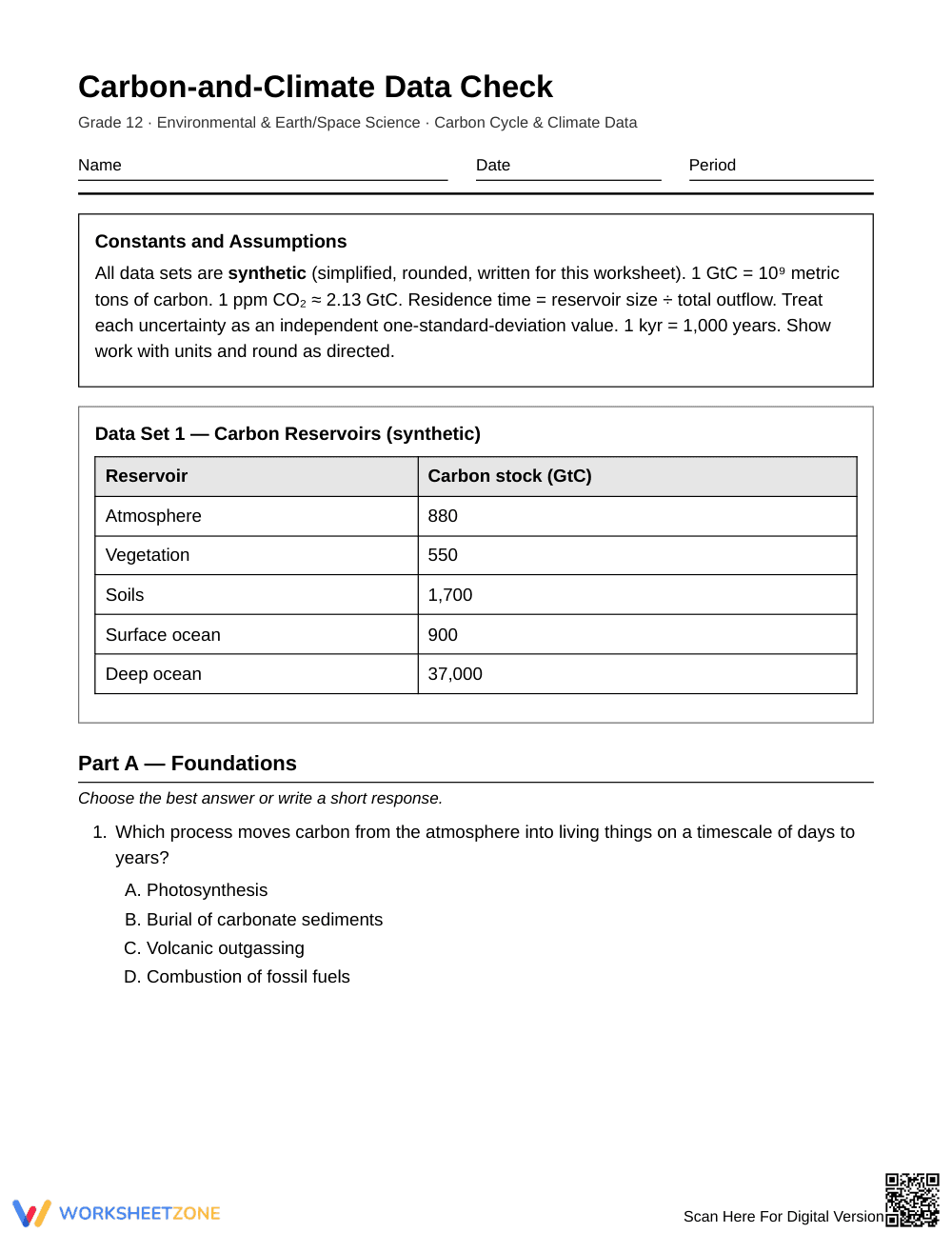 Complete Carbon & Climate Data Worksheet | Grade 12 Science - Page 1