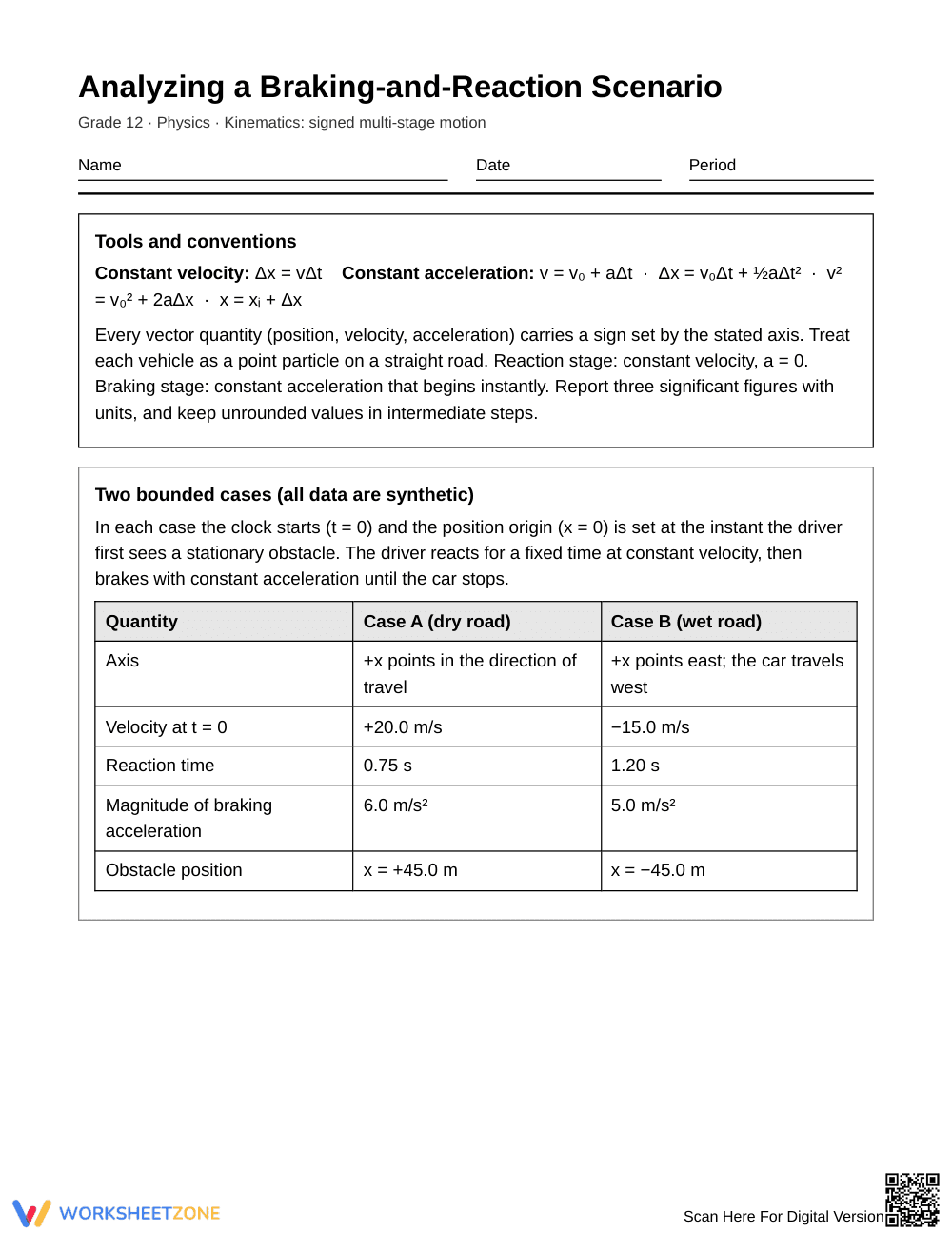 Complete Braking & Reaction Worksheet | Grade 12 Physics - Page 1
